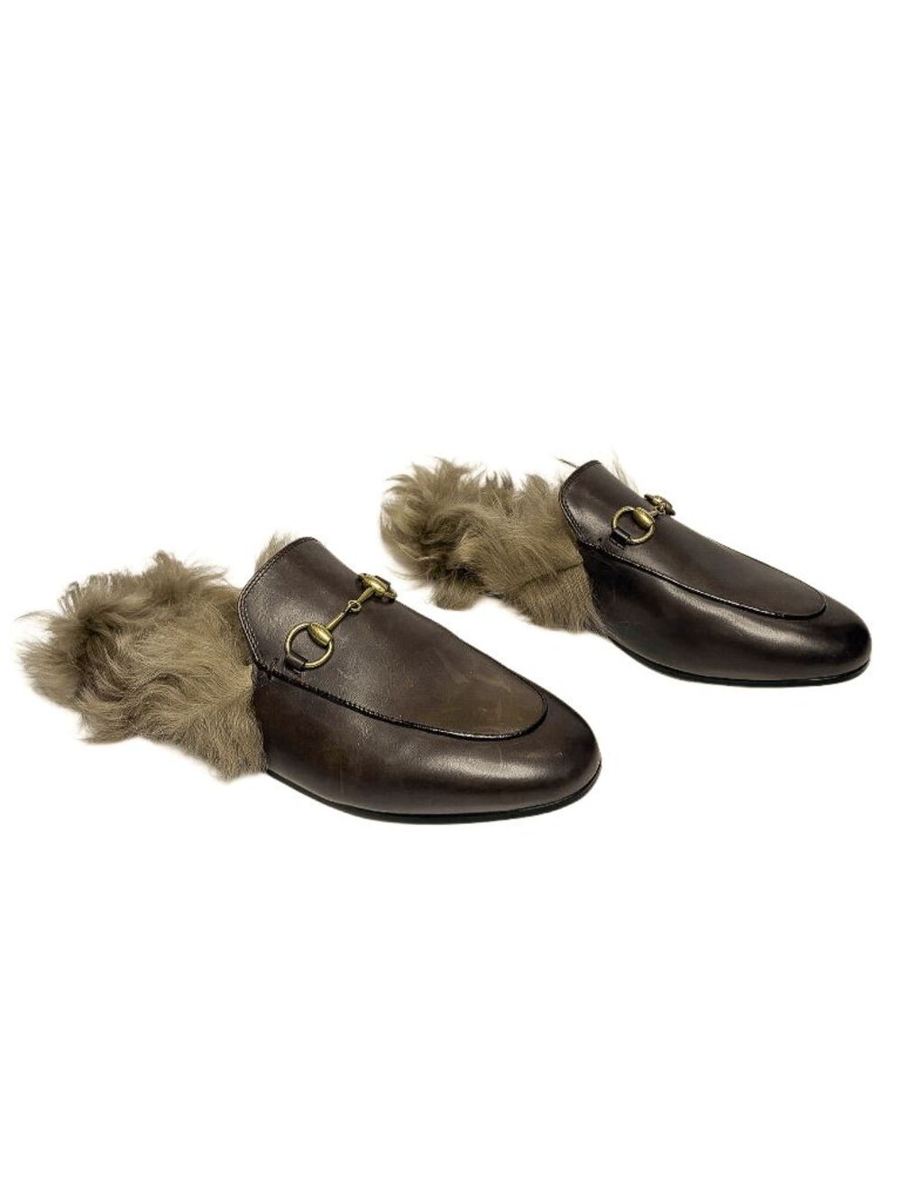 Gucci Princetown Fur Lined Leather Mules Brown Horsebit Slip On Loafers EU 36.5